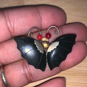 Vintage Dark Gold Jade Butterfly Brooch/ Pendant